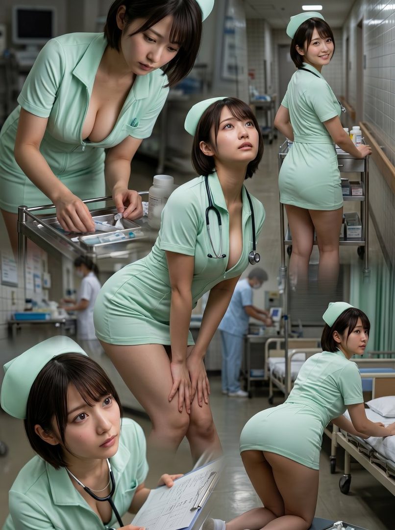 A collage of an East Asian woman dressed in a short, light green nurse uniform with a stethoscope, posing in various suggestive ways within a hospital setting.