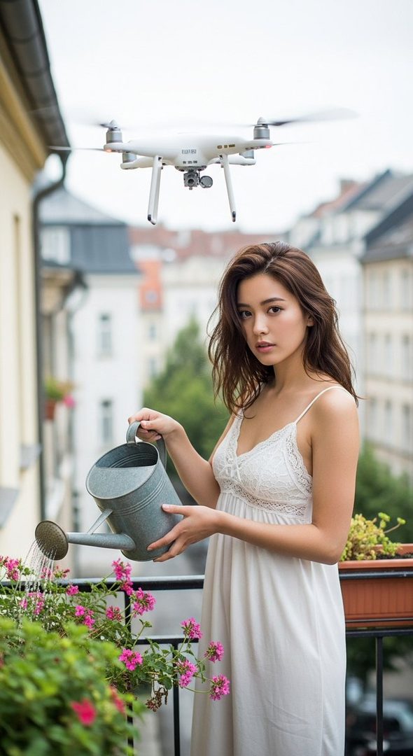 A beautiful woman in a white dress waters flowers on a balcony with a drone flying overhead.