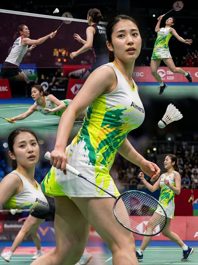 A collage of a female badminton player in various action poses on a court, wearing a white and green sports dress.