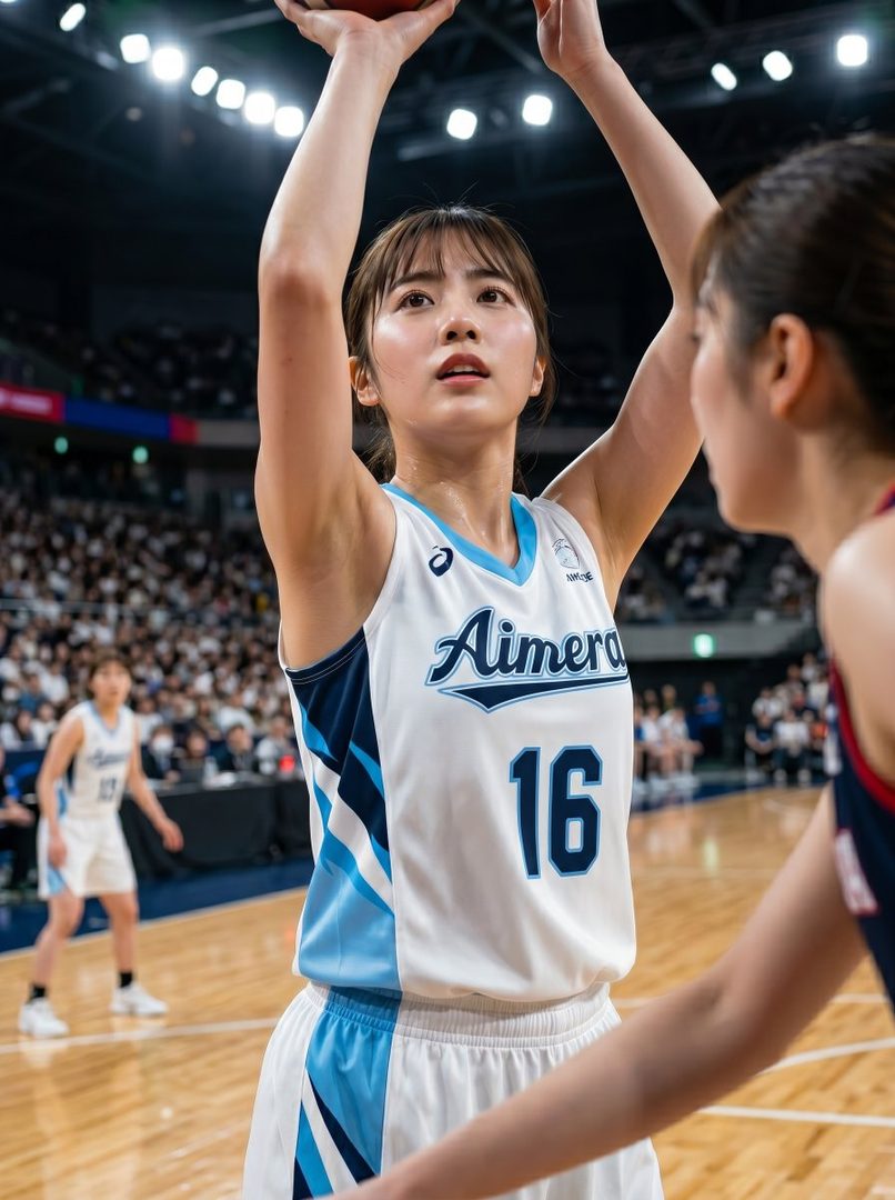 A young woman in a white and blue basketball jersey with number 16 is about to shoot a basketball in an indoor court.