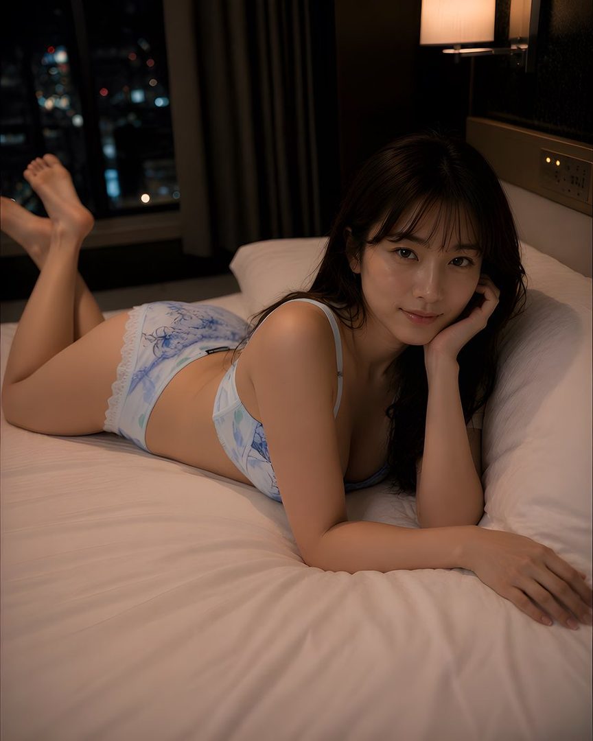 A woman in light blue lingerie lies on a bed in a dimly lit room with city lights visible outside the window.