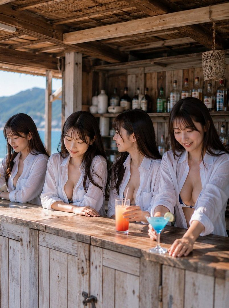 Four women in white shirts and bikinis are sitting at a beach bar with cocktails, smiling and looking at each other.