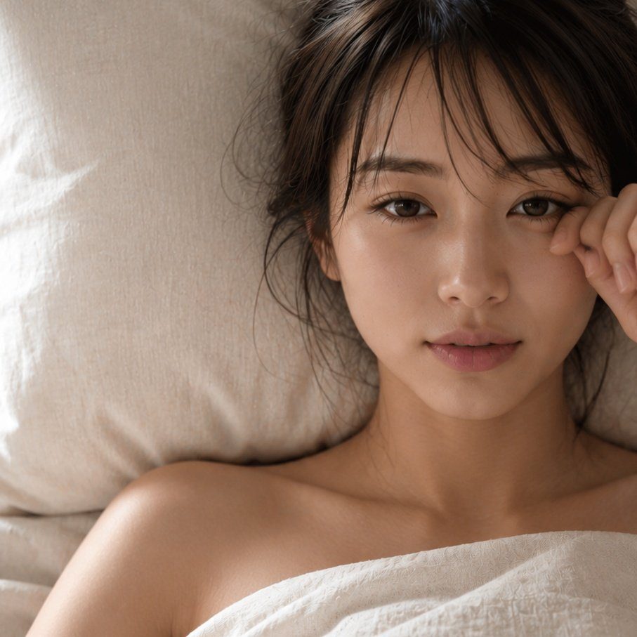 A beautiful East Asian woman with brown hair lies on a pillow, looking directly at the camera.
