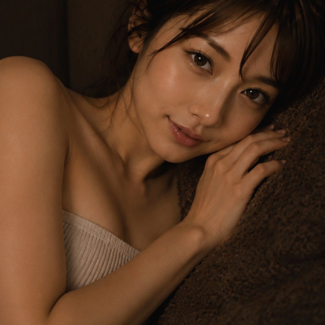 A beautiful woman with brown hair and a strapless top poses intimately indoors.