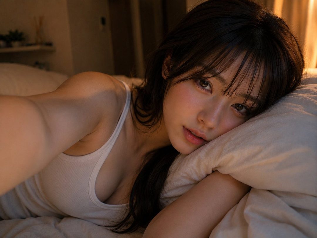 A woman with long brown hair and bangs takes a selfie in bed, wearing a white tank top.