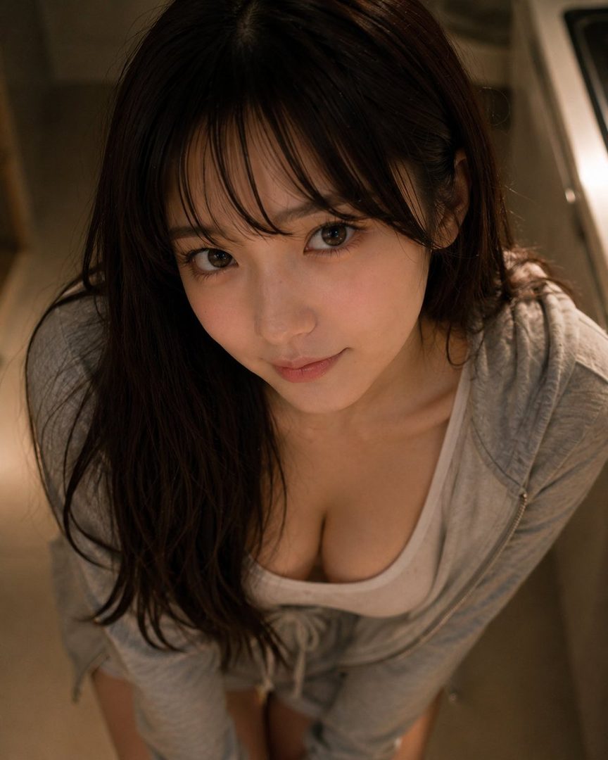 A young woman with long dark hair and bangs looks up at the camera, wearing a grey hoodie and white top.