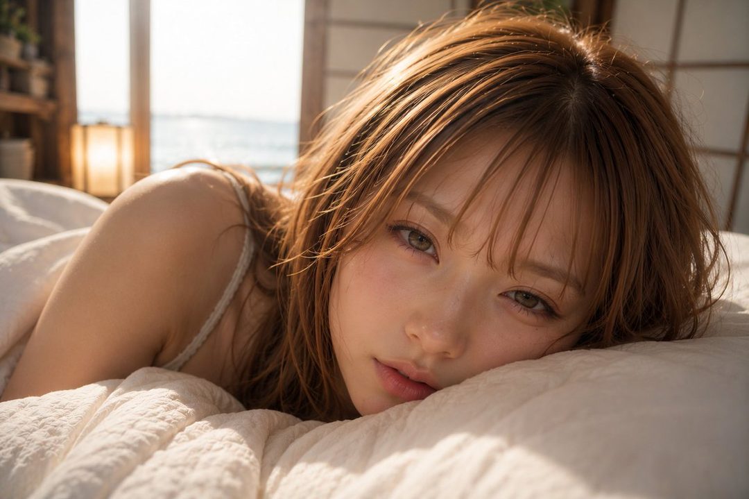 A beautiful woman with brown hair and bangs lies on a white bed, looking dreamily at the camera with soft lighting.