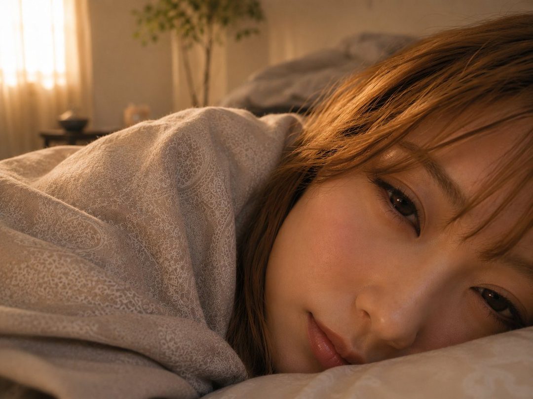 A woman with brown hair and bangs lies in bed, looking serenely at the camera.