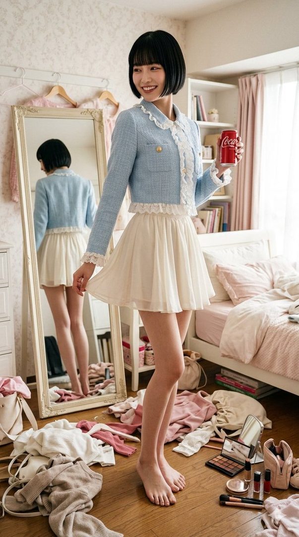 A smiling woman with a bob haircut wears a light blue tweed jacket and white mini skirt, holding a Coca-Cola can in a messy bedroom.