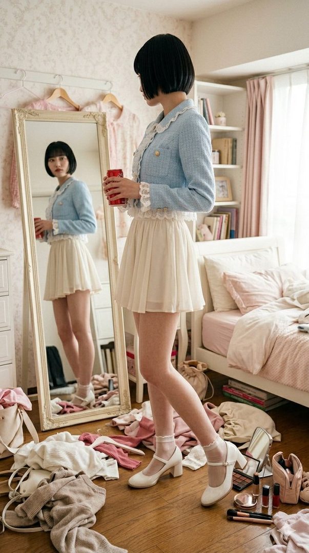 A young woman with a bob haircut stands in a messy bedroom, looking at her reflection in a full-length mirror while wearing a light blue tweed jacket and a white mini skirt.