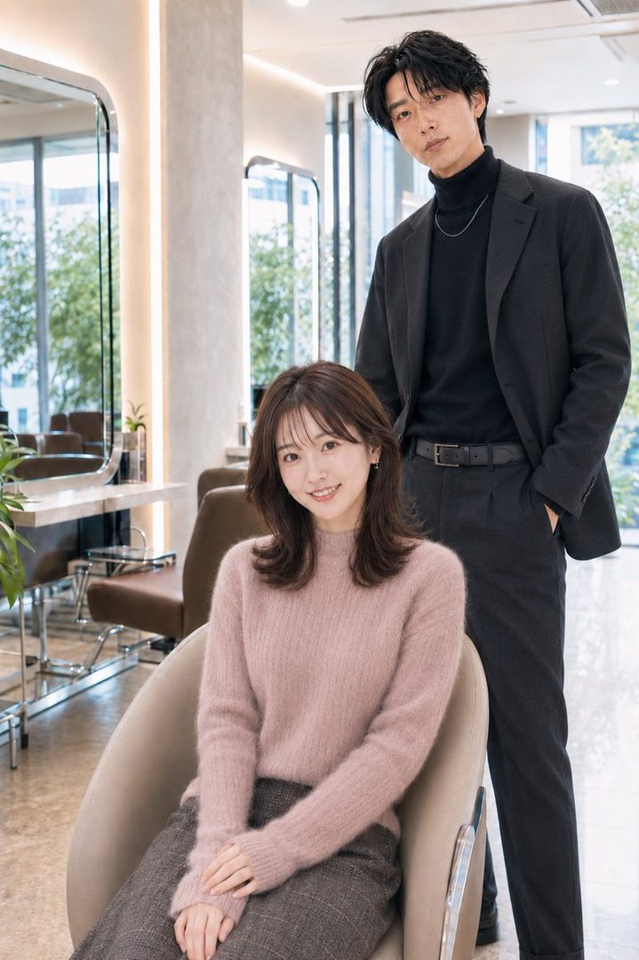 A woman with brown, layered hair wearing a pink sweater sits in a chair while a man in a black turtleneck and suit stands behind her in a modern hair salon.