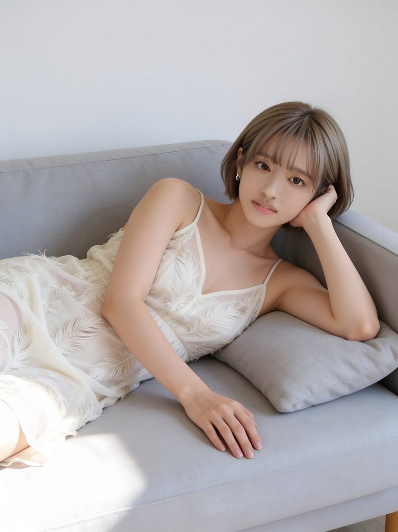 A young woman with short brown hair and bangs lies on a gray sofa, wearing a white lace dress, looking calmly at the camera.