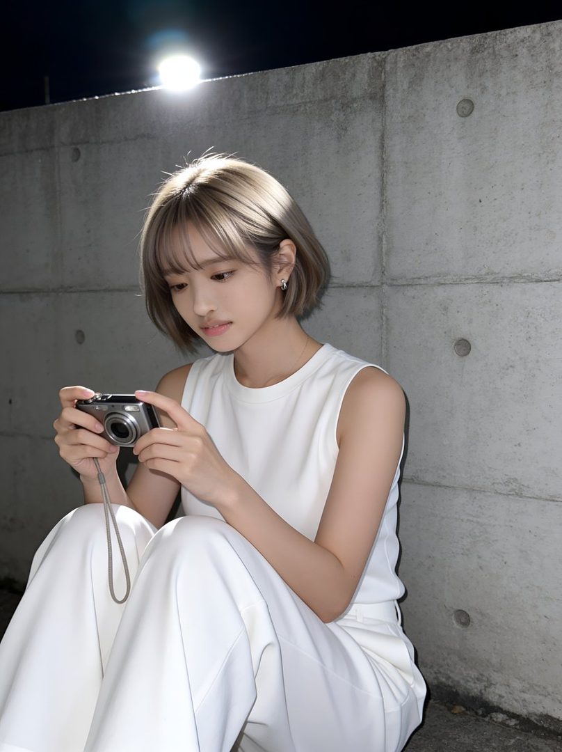 A young woman with short blonde hair and a white sleeveless top is sitting outdoors at night, holding a compact camera.
