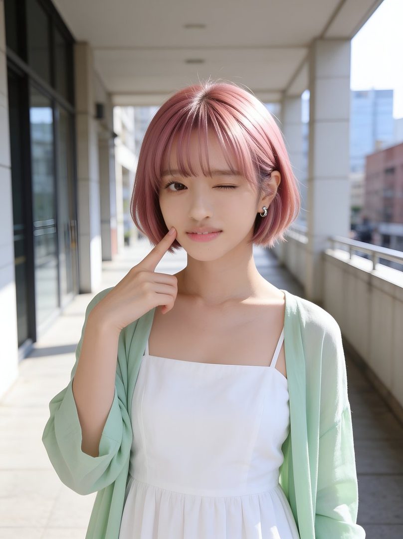 A cute East Asian woman with short pink hair winks at the camera while wearing a white dress and light green cardigan outdoors.