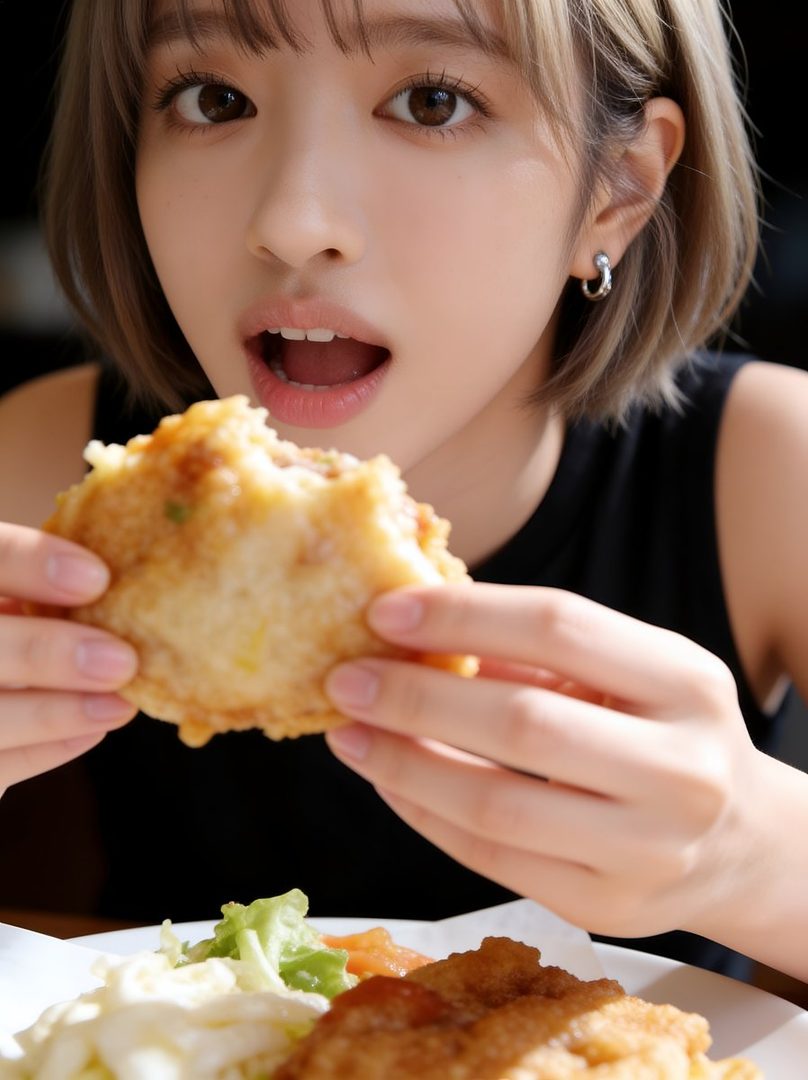 A close-up portrait of a young woman with short blonde hair, wearing a black top, about to eat a piece of fried food.