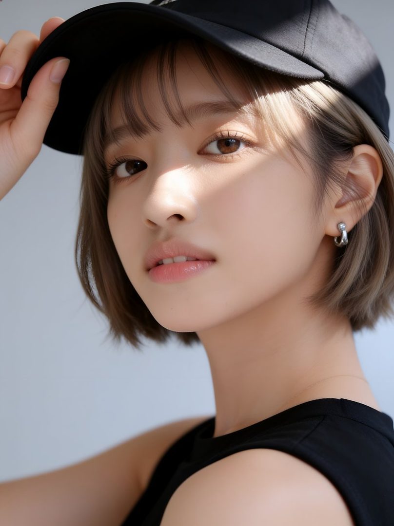 A close-up portrait of a young woman with short brown hair and bangs, wearing a black cap and a black top, looking directly at the camera with soft lighting.