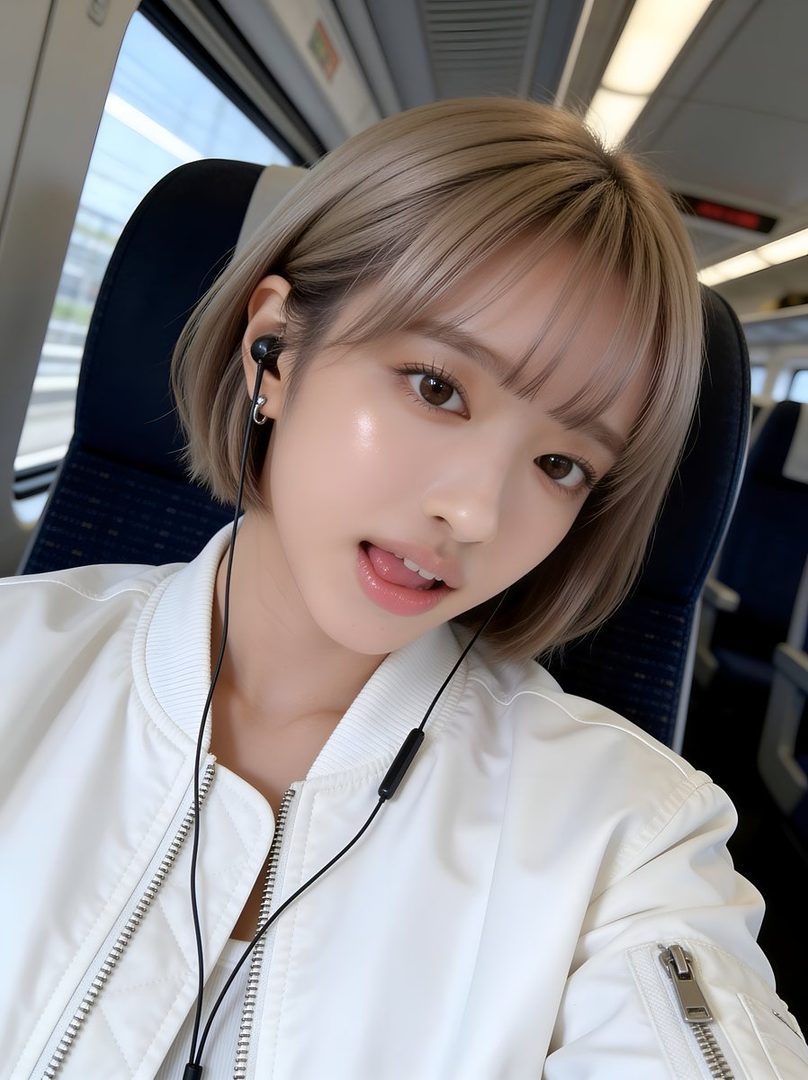 A young woman with short blonde hair and bangs takes a selfie on a train, wearing a white bomber jacket and earphones, with her tongue slightly out.