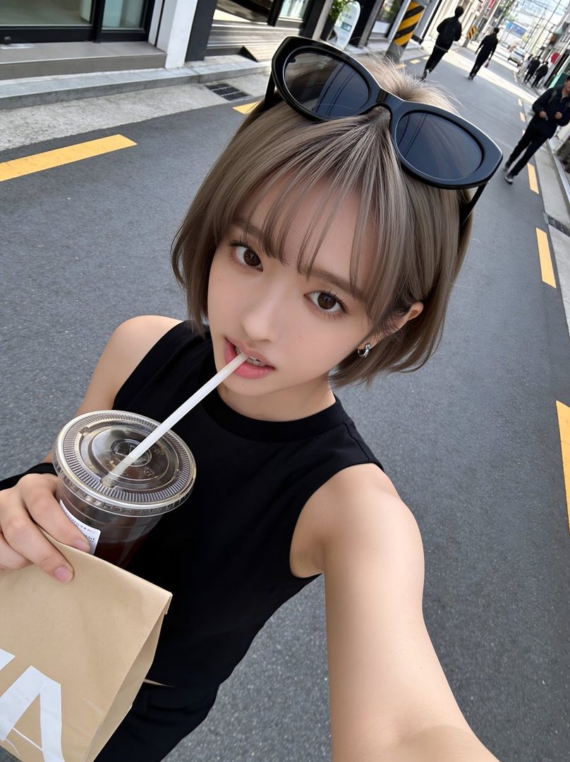A young woman with short brown hair and bangs takes a selfie on a city street, holding a drink and wearing sunglasses on her head.