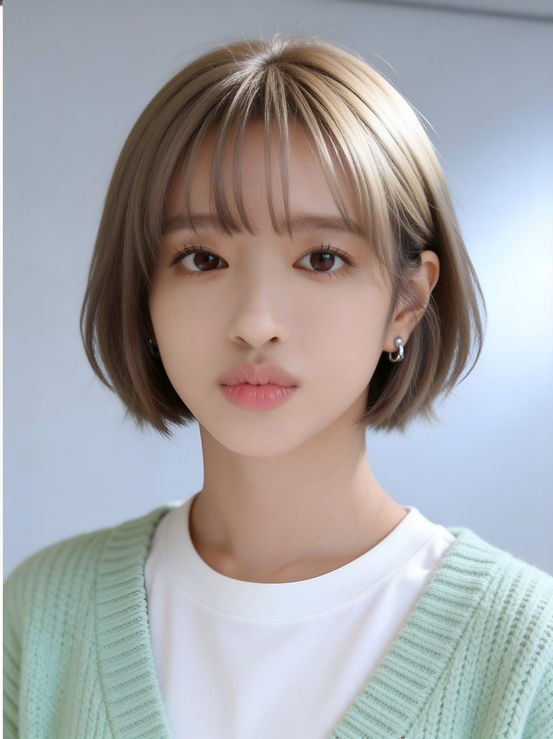 A close-up portrait of a young woman with light brown bob hair and bangs, wearing a white t-shirt and a light green knit cardigan.