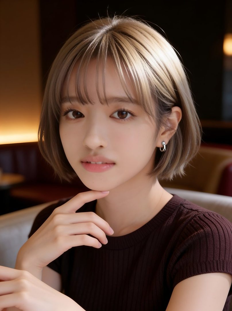 A photorealistic portrait of a young woman with short blonde hair and bangs, wearing a dark knit top, looking directly at the camera.