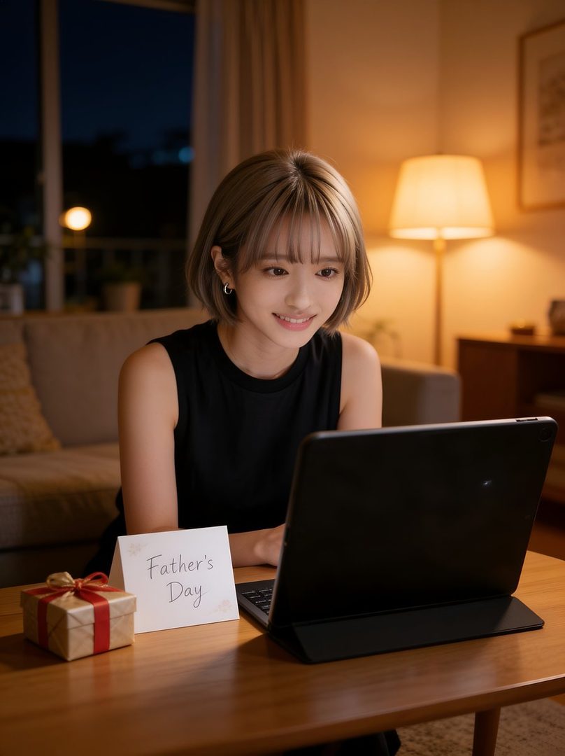A young woman with short blonde hair and bangs smiles while looking at a laptop on a wooden table, with a 'Father's Day' card and a gift box next to it, in a dimly lit indoor setting.