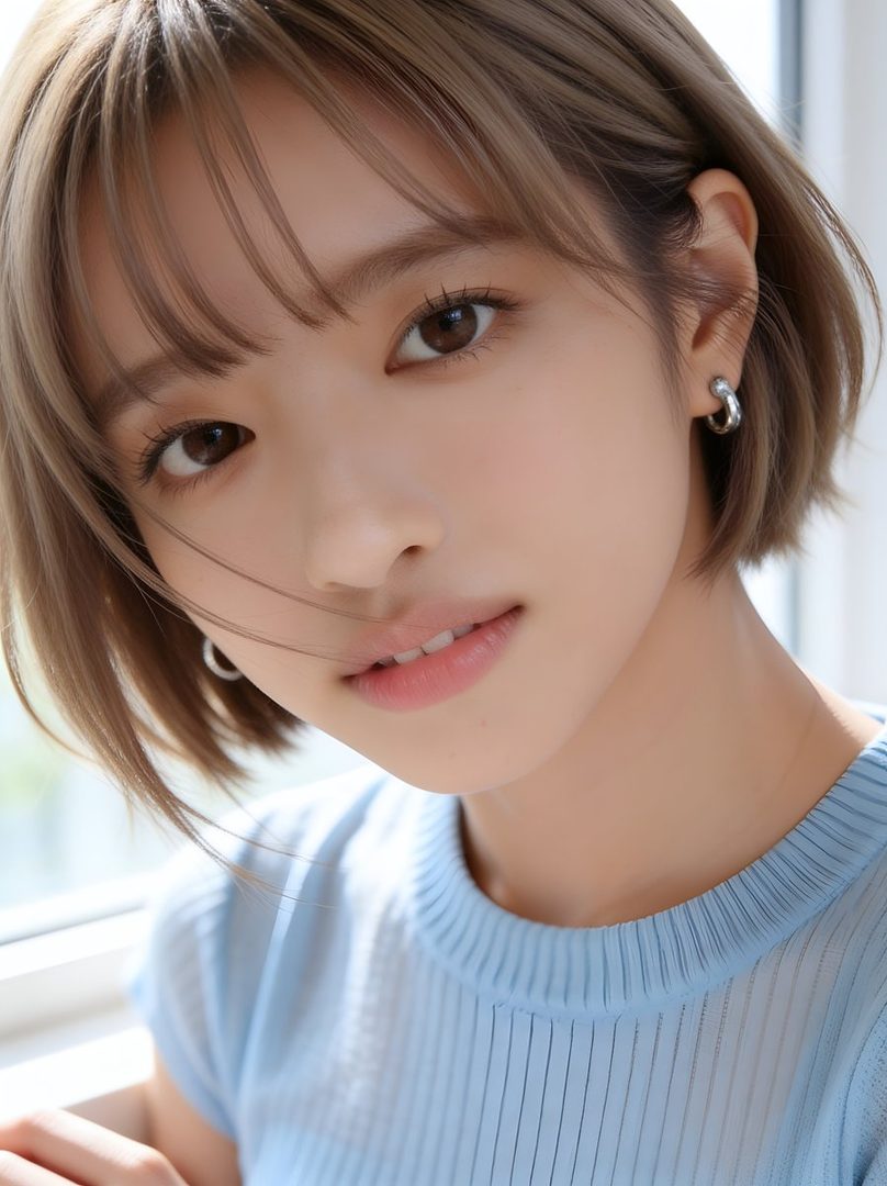 A close-up portrait of a young woman with short brown hair and bangs, wearing a light blue top, looking directly at the camera.