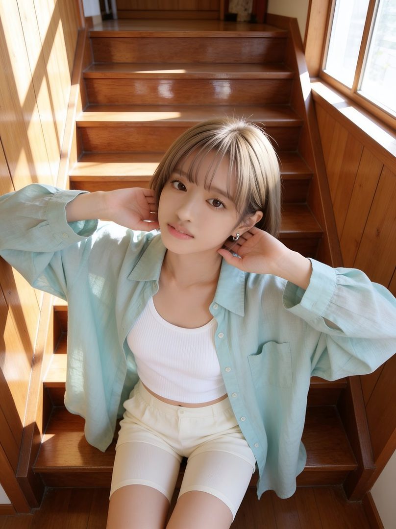 A young woman with short blonde hair and bangs sits on wooden stairs, wearing a light blue shirt over a white crop top and light-colored shorts, looking directly at the camera.