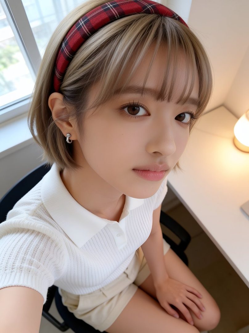 A cute East Asian woman with short blonde hair and bangs wears a red plaid headband and a white polo shirt, taking a selfie indoors.