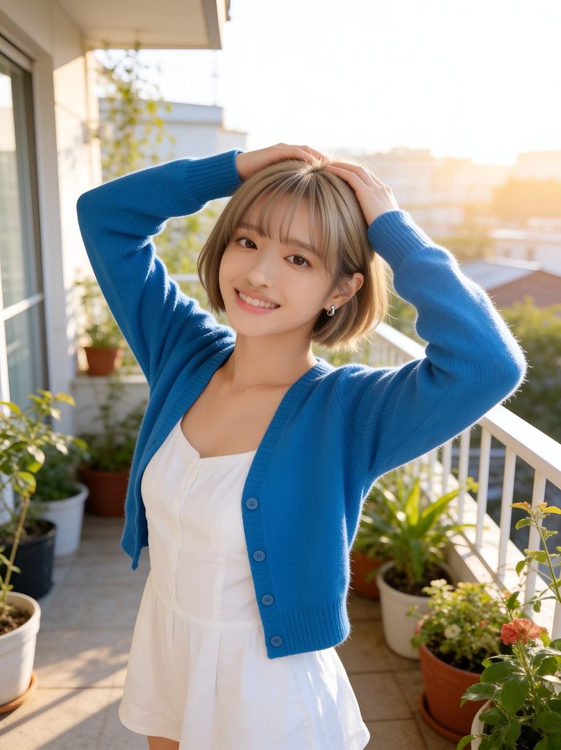 A smiling young woman with short blonde hair and a blue cardigan stands on a sunny balcony.