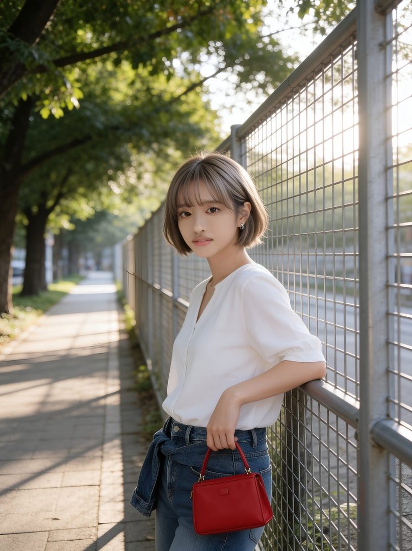A young woman with short blonde hair and bangs, wearing a white blouse and jeans, stands by a fence on a sunny street.