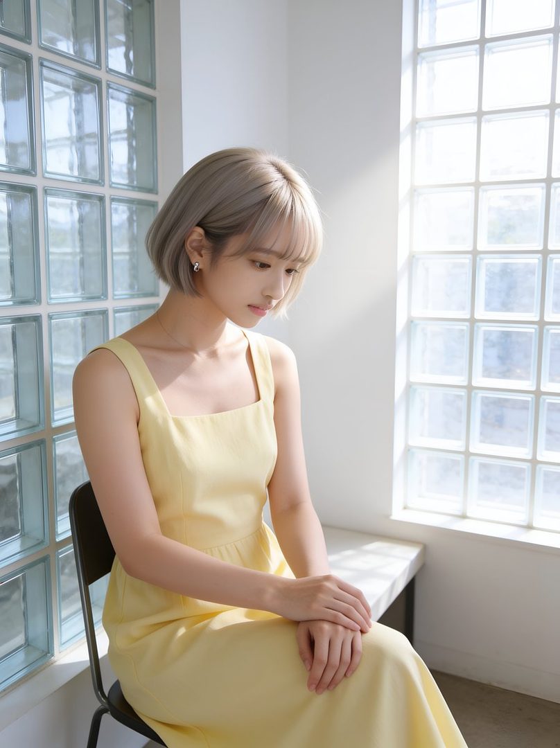 A young woman with short blonde hair and bangs wears a yellow dress while sitting indoors by a window with glass blocks.
