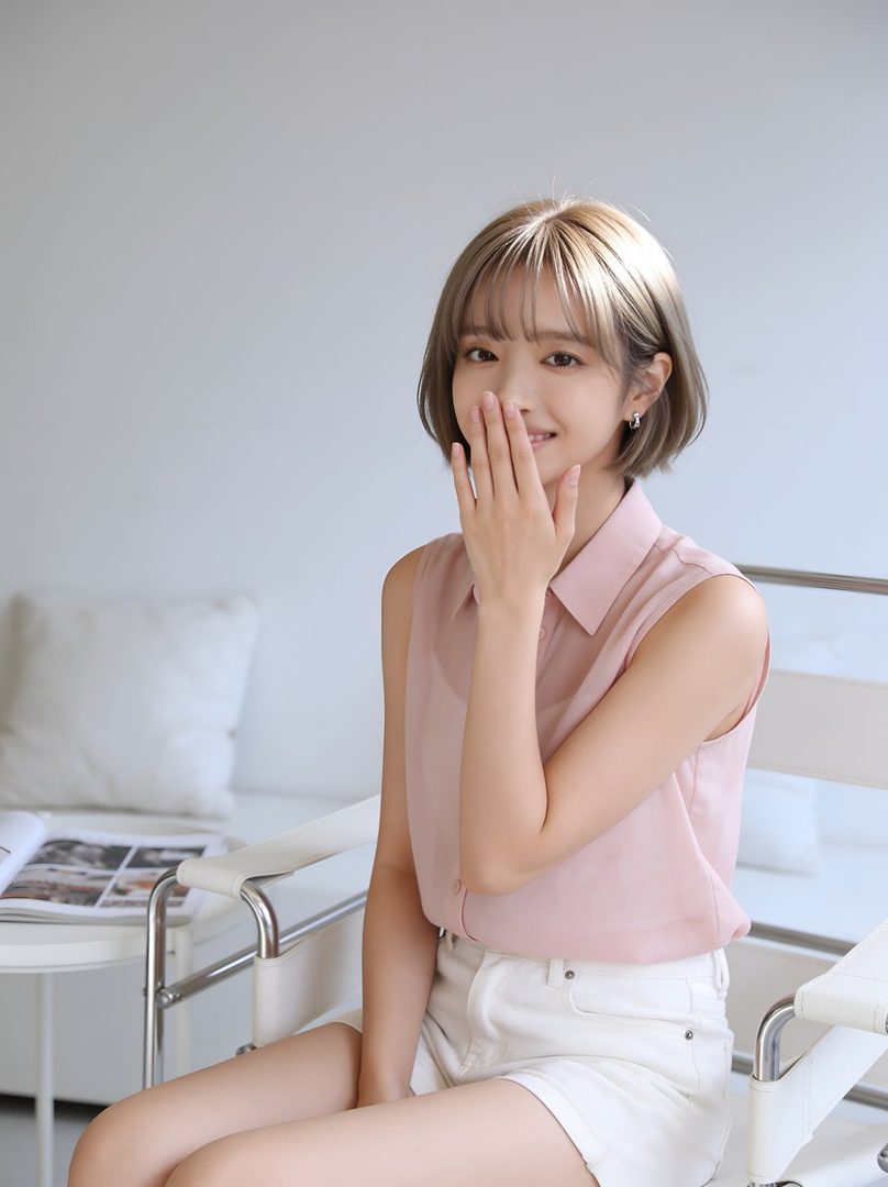 A cute East Asian woman with short blonde hair, wearing a pink sleeveless blouse and white shorts, smiles shyly while covering her mouth with her hand in an indoor setting.