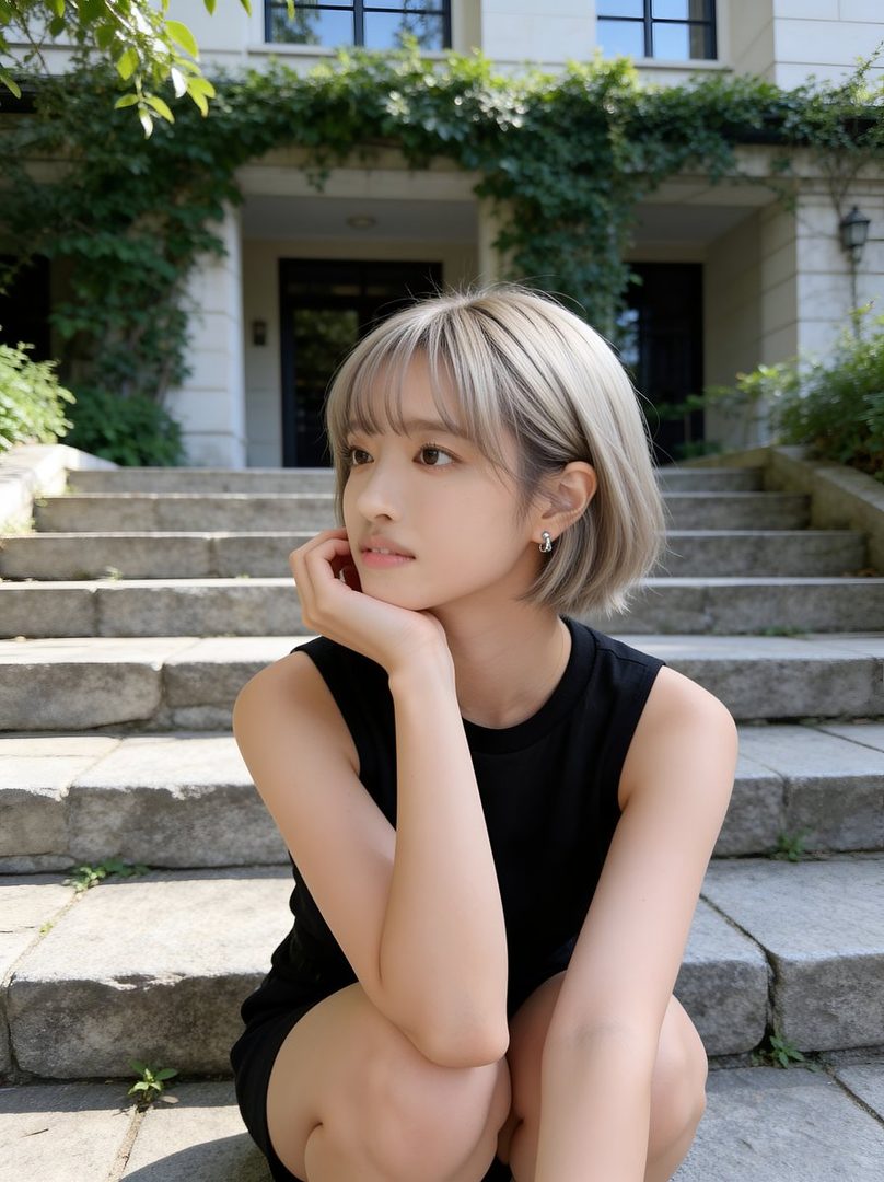 A young woman with short blonde hair and a black top crouches on stone steps outdoors, looking thoughtfully to the side.