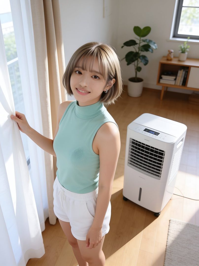 A young woman with short blonde hair and a light green top stands by a window, smiling at the camera.