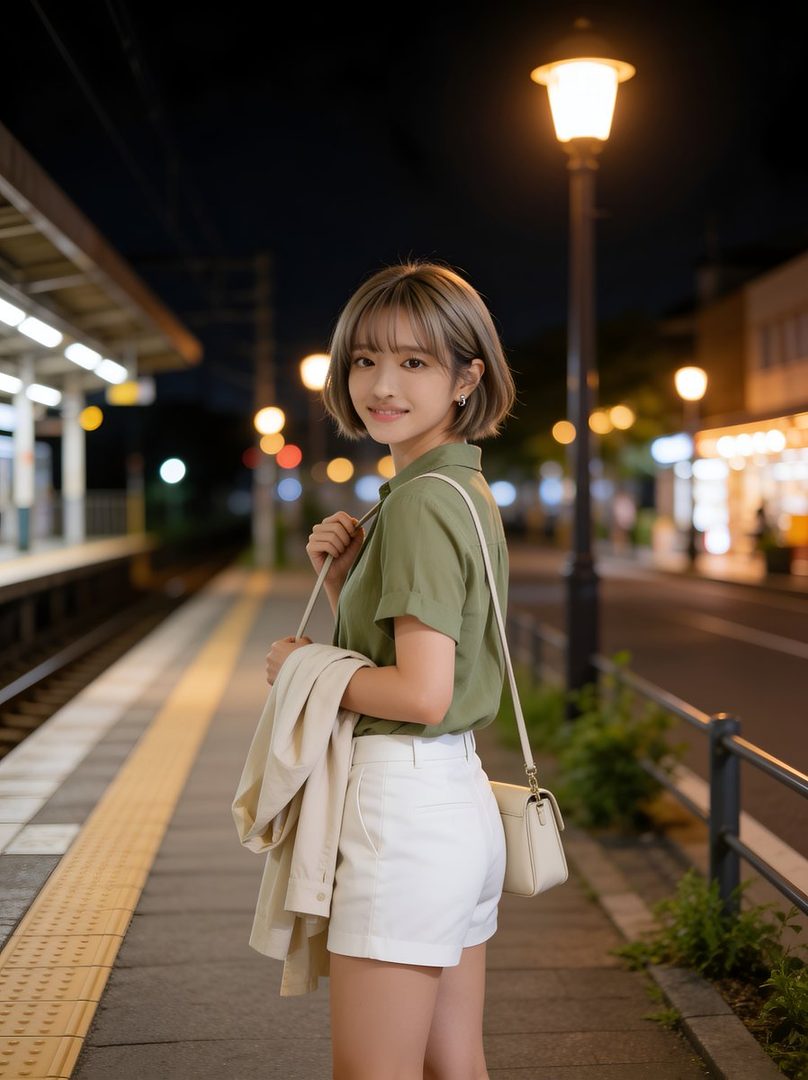 A young woman with short blonde hair and a green shirt stands on a train platform at night, smiling at the camera.