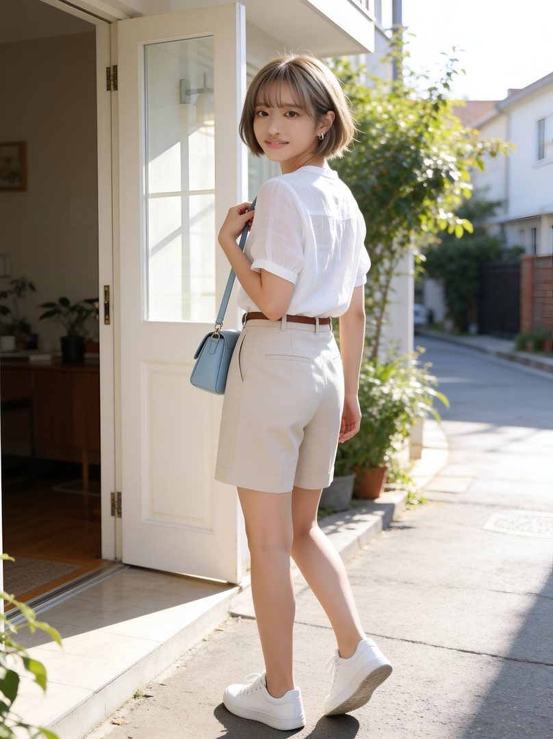 A young woman with short blonde hair and a white shirt poses outdoors, looking back at the camera.