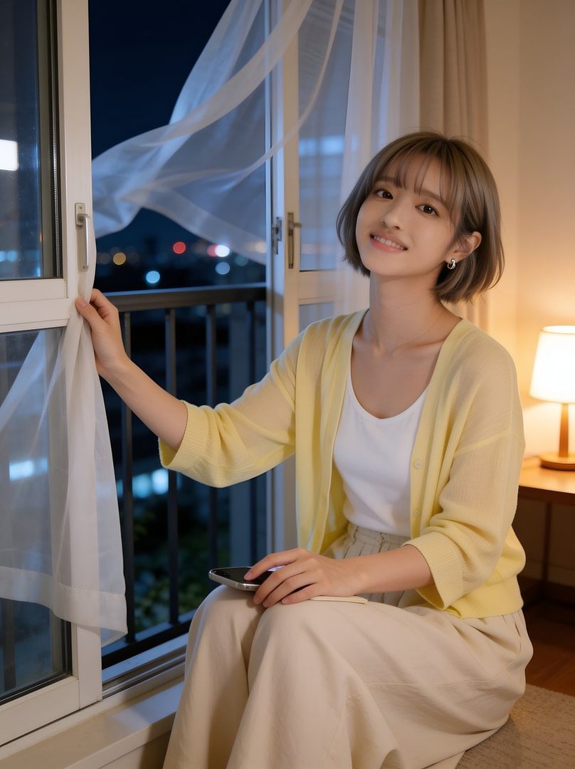 A young woman with short brown hair and bangs, wearing a yellow cardigan and white top, smiles while sitting by a window at night.