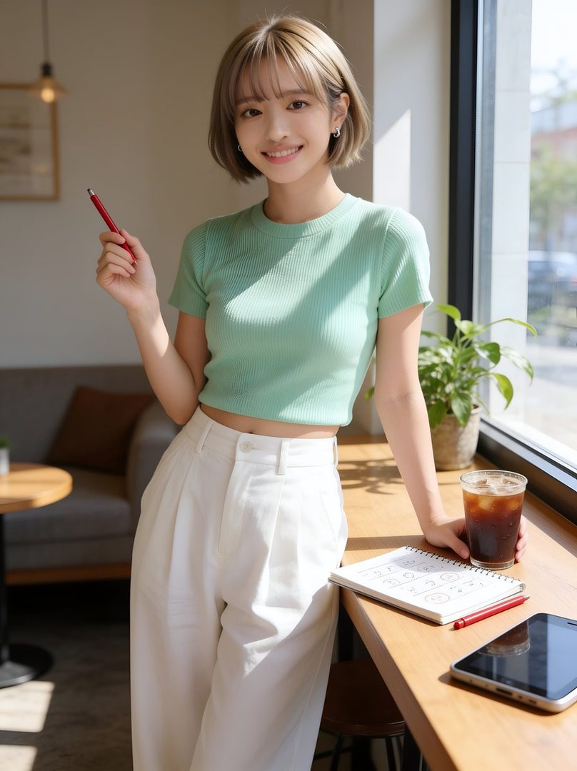 A smiling woman with short blonde hair and bangs, wearing a light green top and white pants, stands in a cafe with a drink and notebook on the counter.
