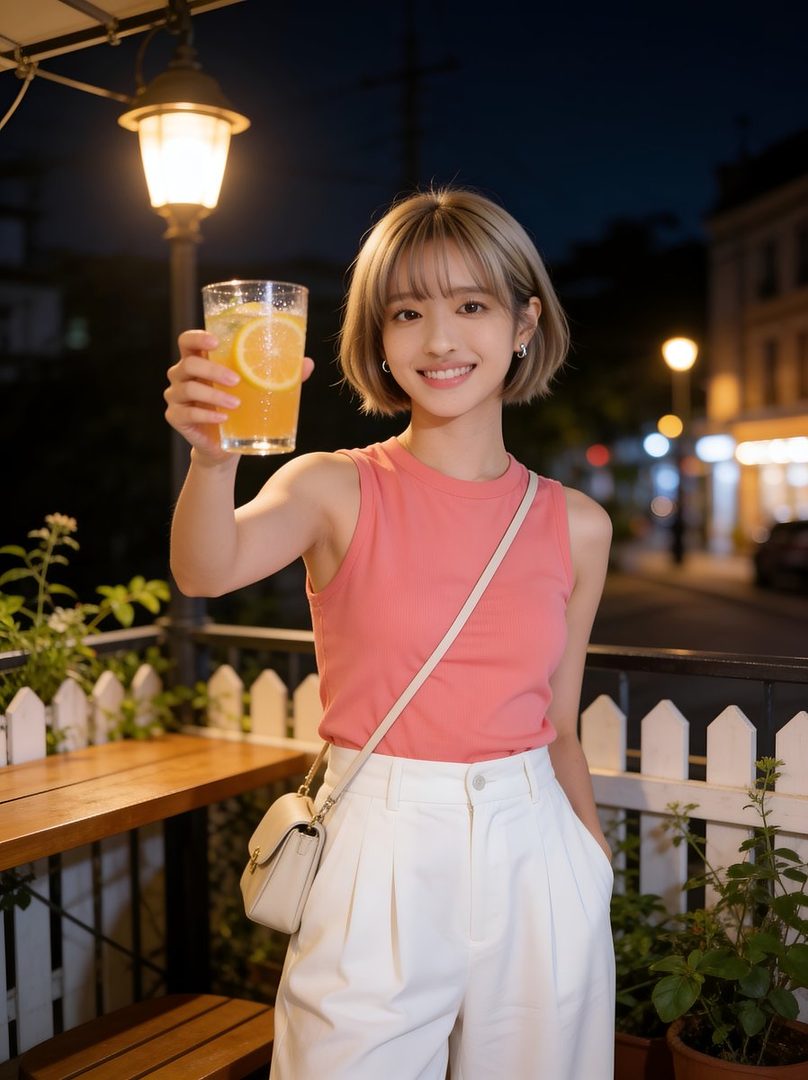 A smiling woman with short blonde hair holds up a glass of orange drink at an outdoor cafe at night.