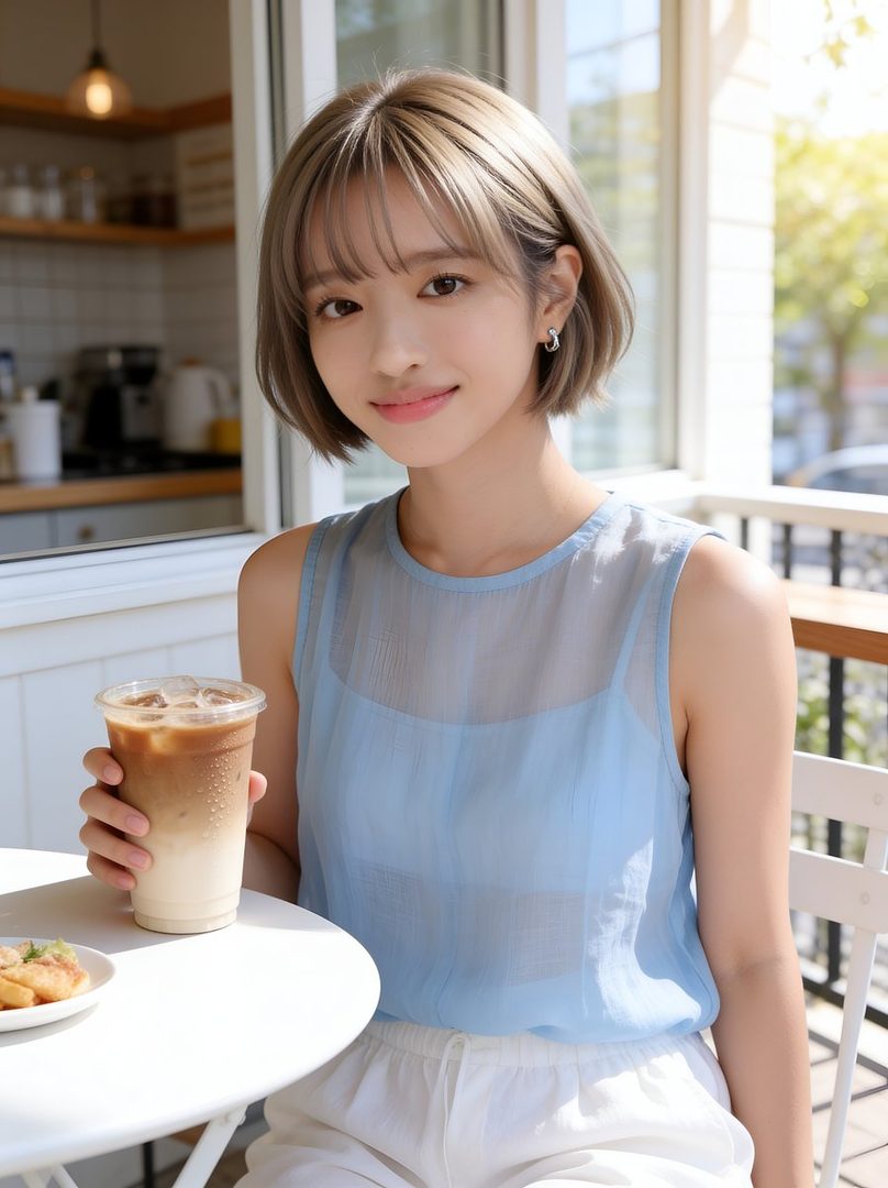 A young woman with short blonde hair sits at an outdoor cafe table, holding an iced coffee and smiling at the camera.