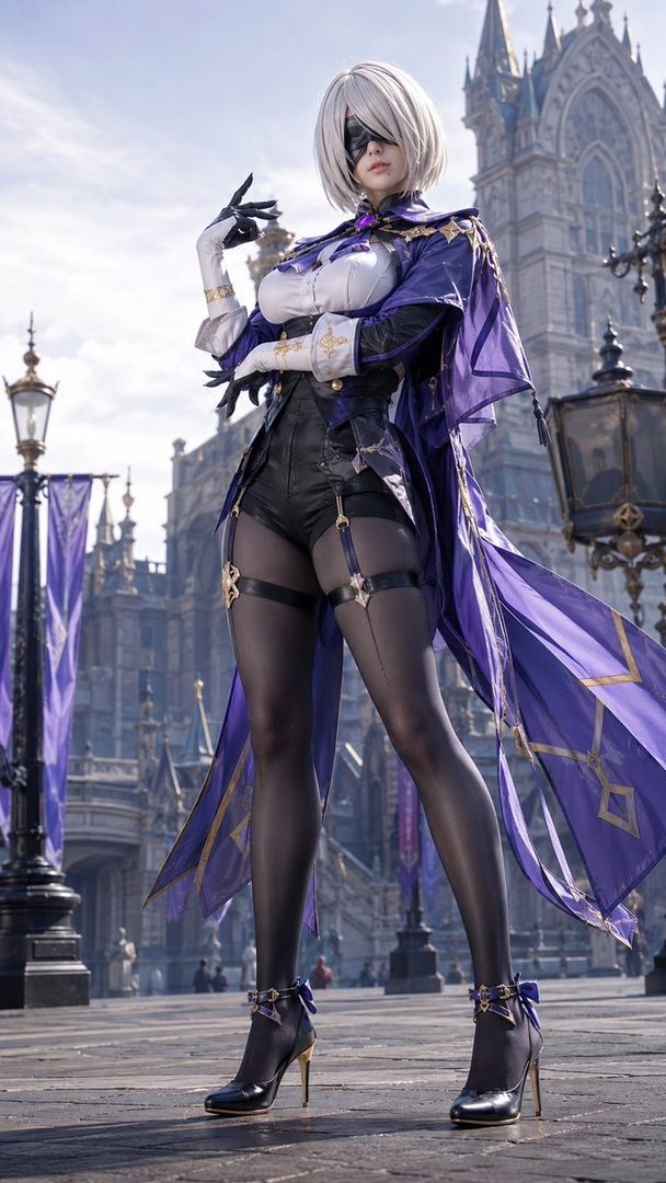 A woman in a 2B cosplay outfit with a purple cape and black shorts stands in a city square with a gothic building in the background.