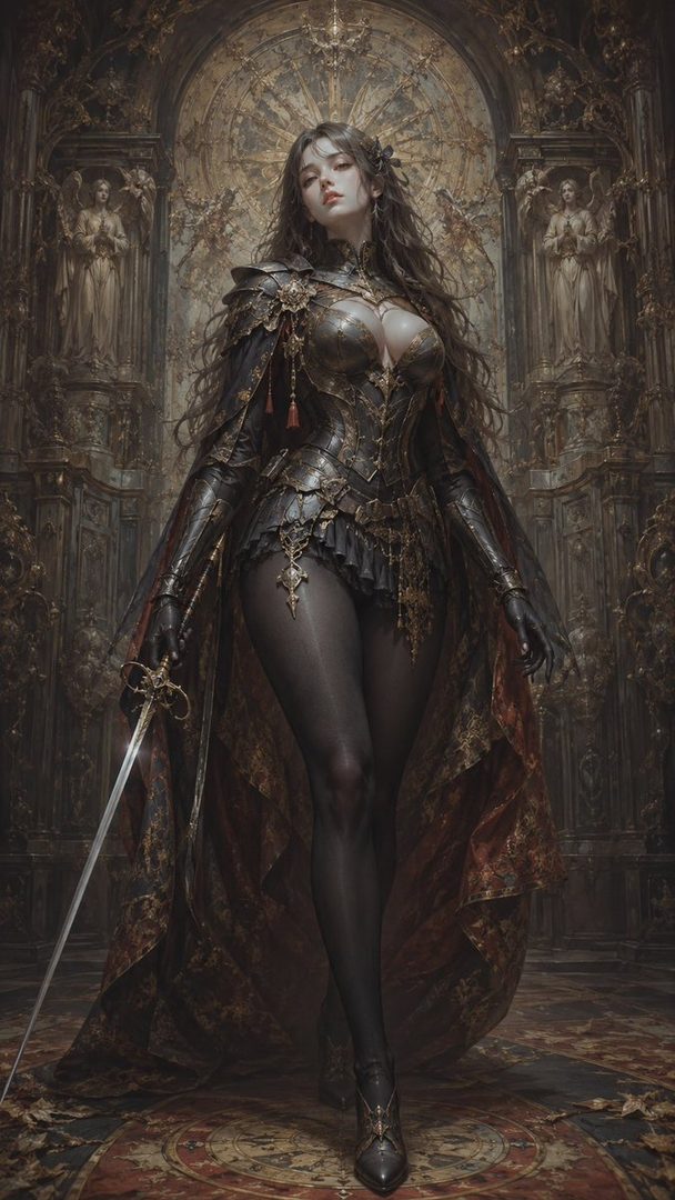 A fantasy portrait of a woman with long brown hair wearing ornate dark armor and holding a sword in a grand, gothic-style hall.