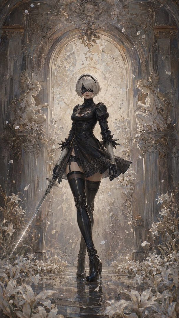 A semi-realistic painting of a woman with short white hair and a black blindfold, wearing a black dress and thigh-high boots, holding a sword in a grand, ornate hall with white flowers.