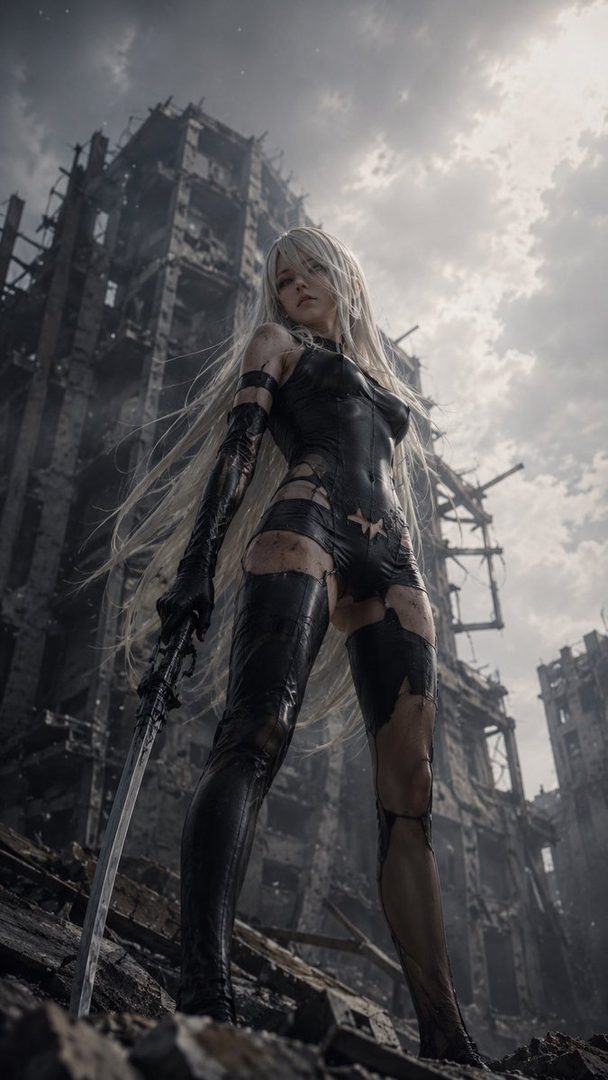 A female character with long white hair in a black suit stands in a ruined city holding a sword, looking up at the sky.
