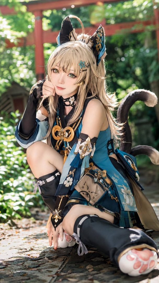 A cosplayer dressed as Kirara from Genshin Impact poses outdoors in a traditional Japanese setting.