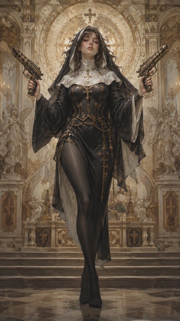 A woman dressed as a nun with a revealing outfit holds two ornate pistols in a grand, ornate church setting.