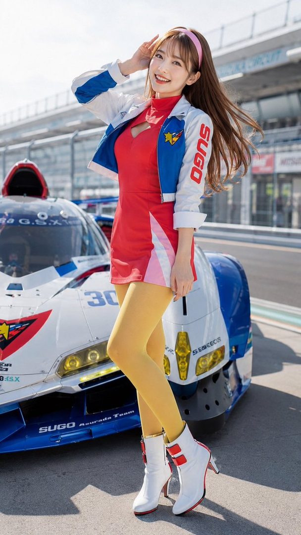 A woman in a red and white race queen outfit with yellow tights and white boots poses next to a race car on a track.