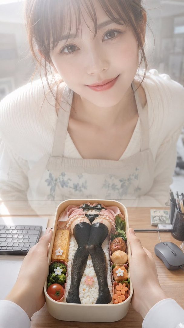 A cute East Asian woman in an apron smiles while holding a bento box with a suggestive character design.