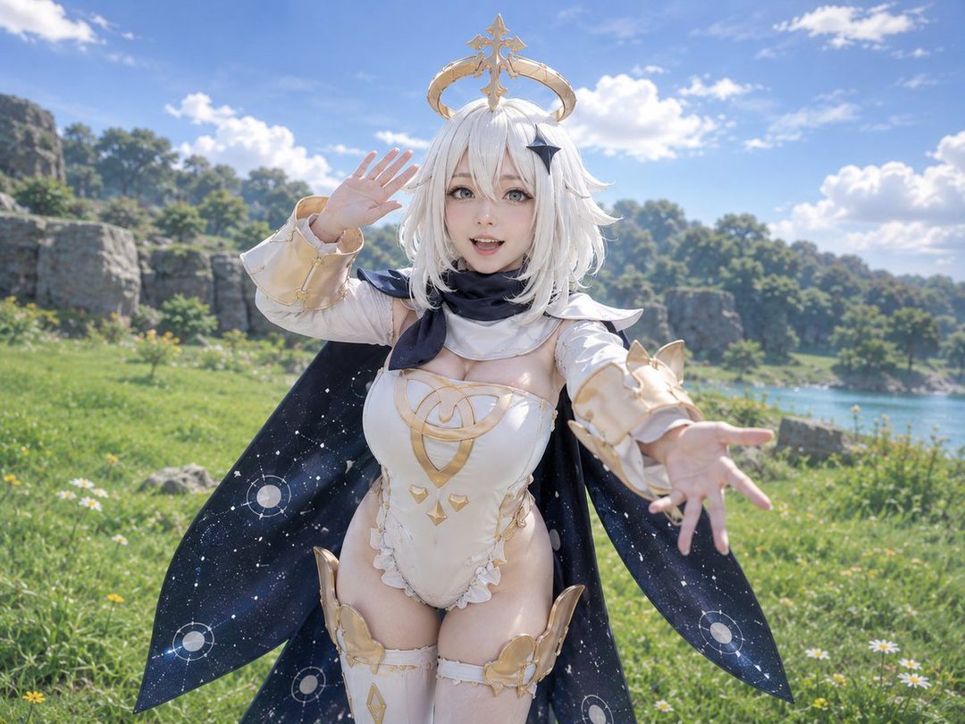 A cosplayer dressed as Paimon from Genshin Impact poses outdoors with a lake and hills in the background.