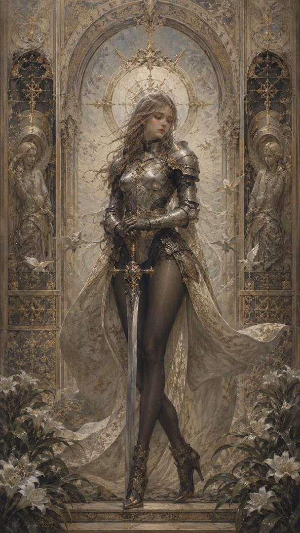A beautiful woman in ornate armor and a flowing cape stands holding a sword in a fantasy setting with intricate architectural details and lilies.